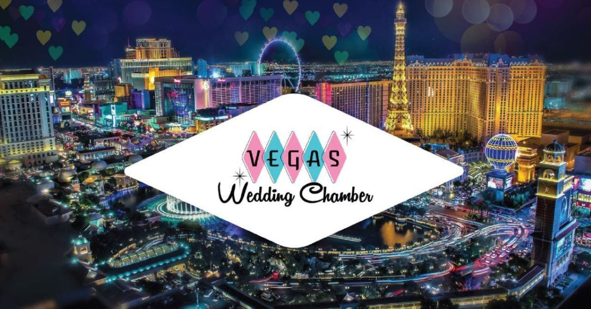 The logo of The Vegas Wedding Chamber in front of the Vegas Skyline