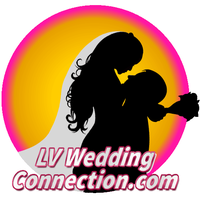 Silhouette of bride and groom in front of a colorful backdrop, LV Wedding Connection logo.