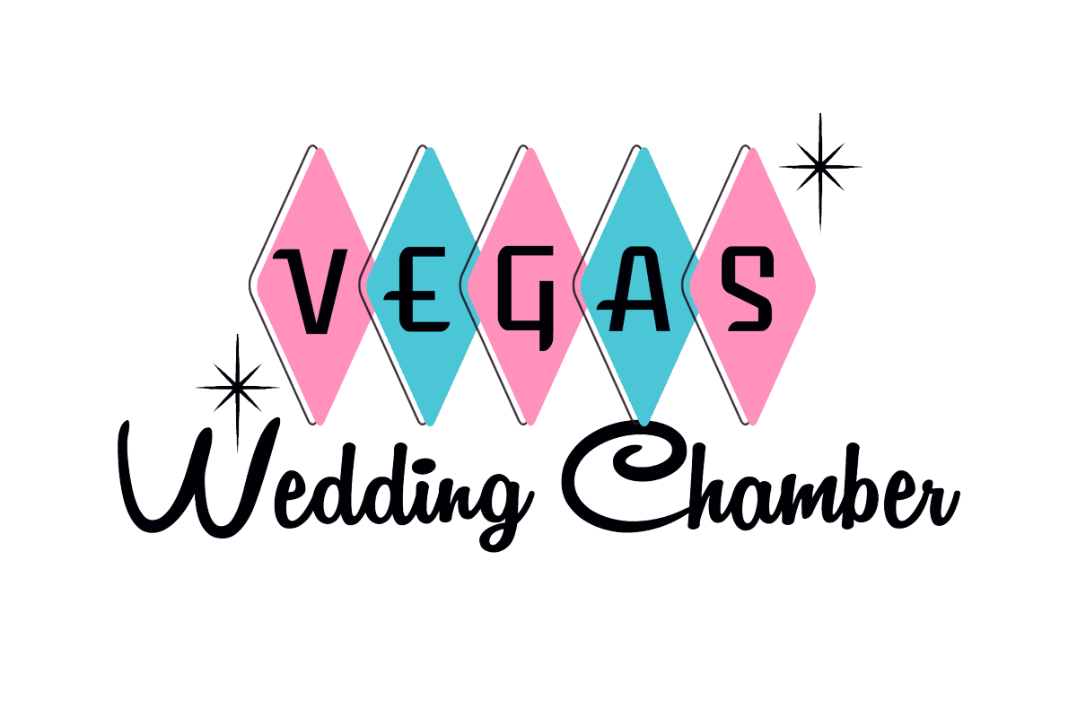 The logo for the vegas wedding chamber is pink and blue