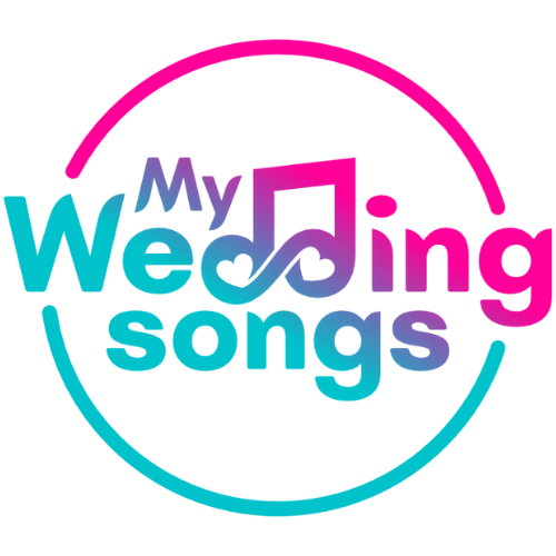 A logo for My Weddings Songs in hot pink and turquoise