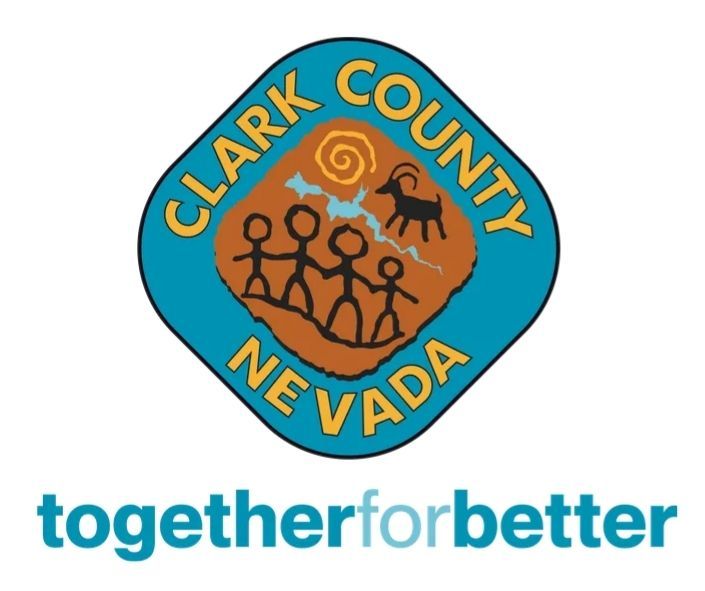 A logo for clark county nevada with stick figures and a goat