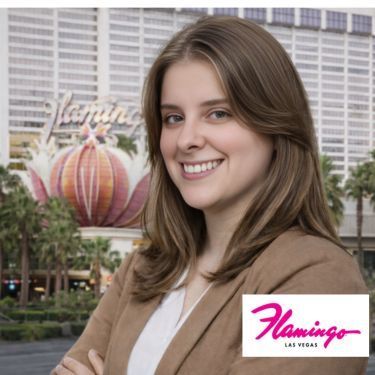 A smiling professional, Mirands Martin stands with arms crossed in front of The Flamingo Las Vegas hotel.