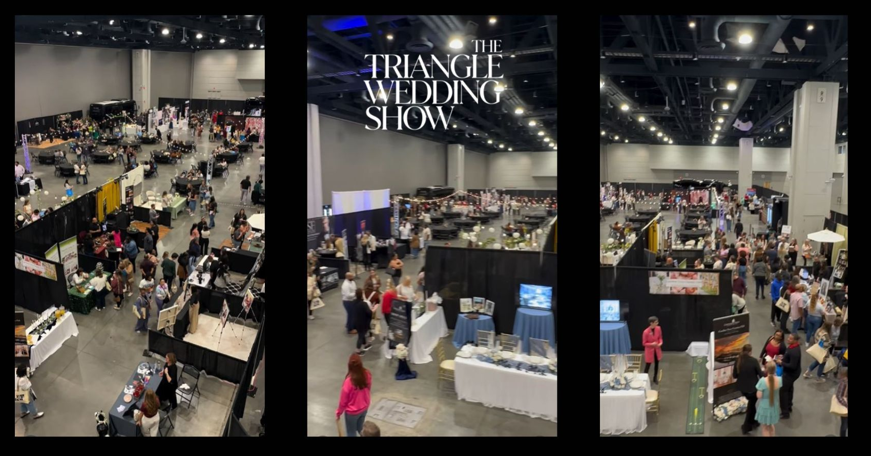 Displays with vendors & visitors inside a large convention hall. 