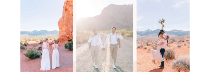 A collage of three photos of a bride and groom holding hands in the desert.