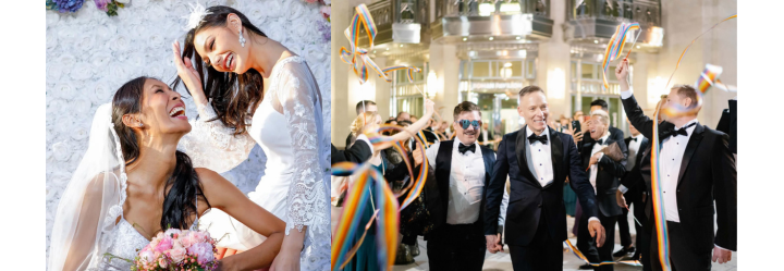 A bride and groom are sitting next to each other and a group of people are standing in a room.