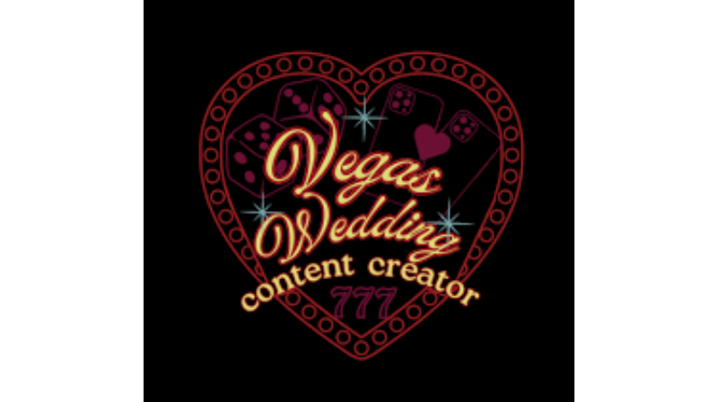Vegas Wedding content creator logo with heart, dice, and lucky sevens in gold and red against black.