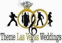 Theme Las Vegas Weddings logo: golden rings with four singer silhouettes, diamond, musical note. Text reads Theme Las Vegas Weddings.