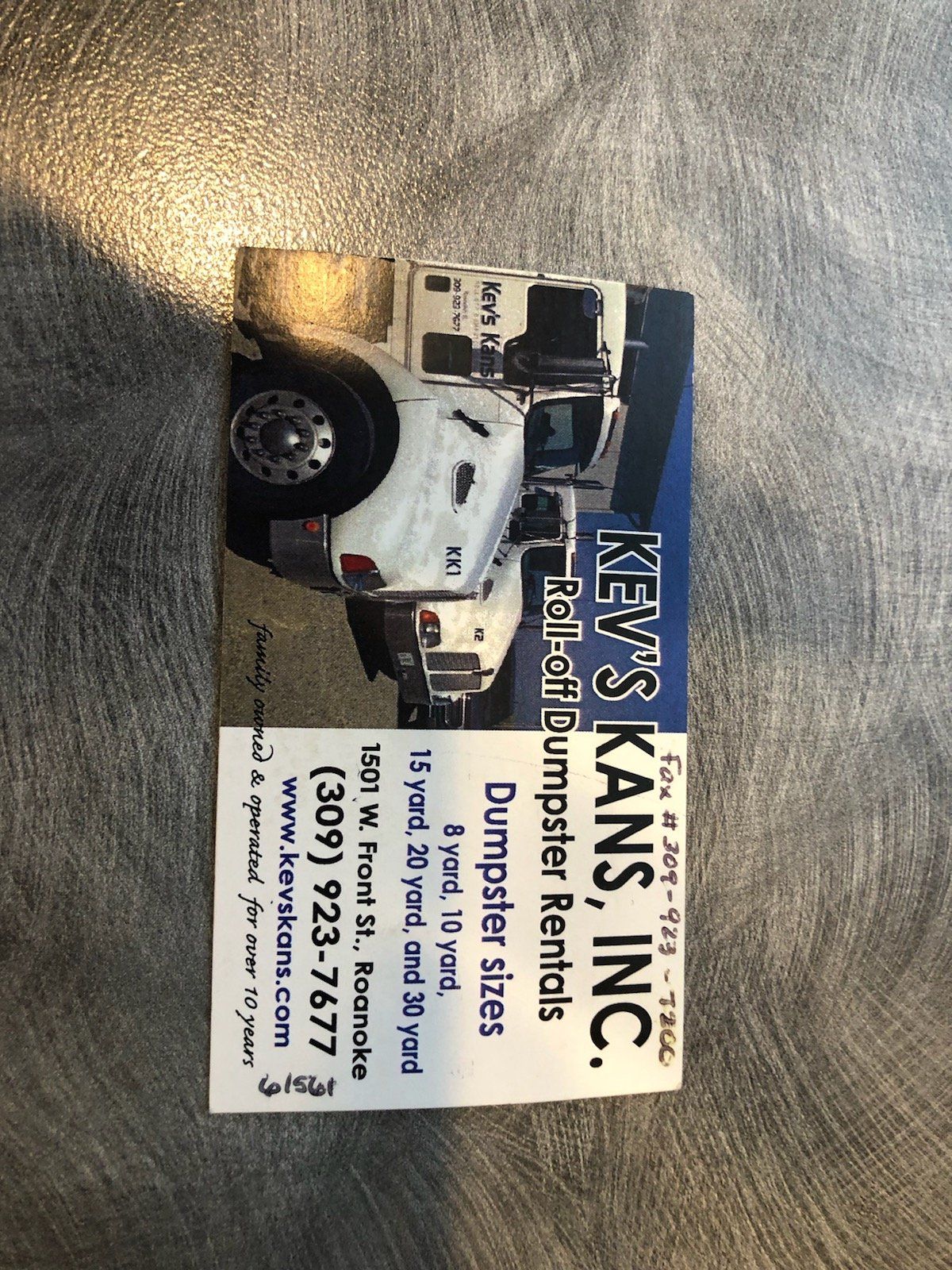 Business Card — Roanoke, IL — Kev's Kans, Inc.