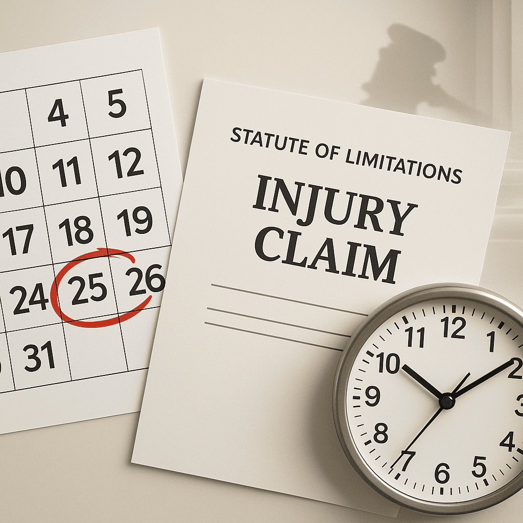 Calendar, injury claim form, and clock illustrating a statute of limitations deadline.