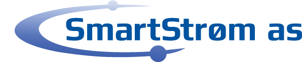 En mørkeblå logo for SmartStrøm as, med en stilisert, svevende bue med to sirkulære noder, på hvit bakgrunn.