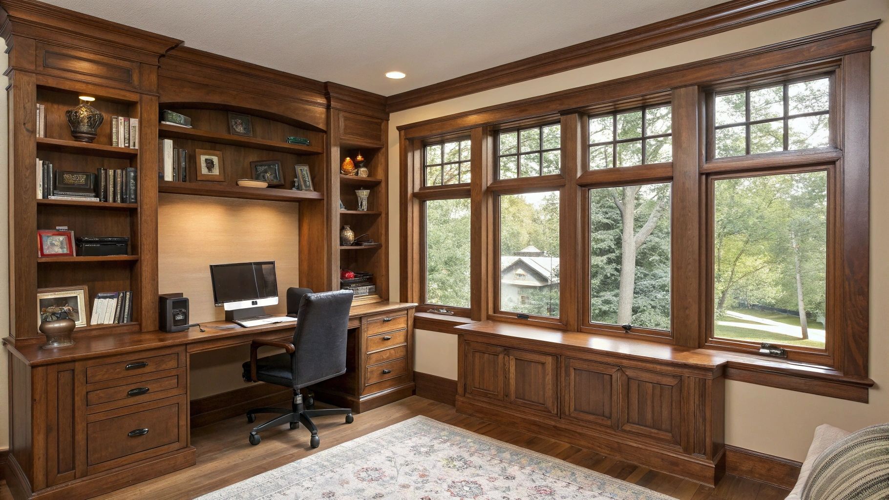 Home office with dark wood built-in desk, shelves, and large windows.  A computer sits at the desk.