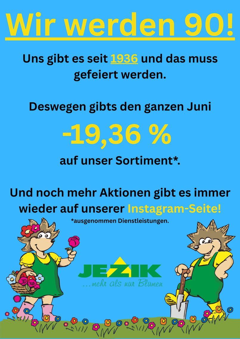 90 Jahre Gärtnerei Jezik – seit 1936 mehr als nur Blumen
Seit 1936 steht die Gärtnerei Jezik in Wien für Pflanzen, Blumen, Gartenfreude und persönliche Beratung. Was vor 90 Jahren begonnen hat, ist über Generationen gewachsen: aus einer klassischen Gärtnerei wurde ein vielseitiger Betrieb mit Gartencenter, Floristik, Gartenpflege, Gartengestaltung, Friedhofsgärtnerei und vielen weiteren Leistungen.
Dabei ist eines immer gleich geblieben: die Liebe zu Pflanzen, zur handwerklichen Qualität und zum direkten Kontakt mit unseren Kundinnen und Kunden. Viele Familien begleiten uns seit Jahrzehnten – bei Blumen für besondere Anlässe, bei der Gestaltung von Gärten, bei der Grabpflege oder einfach beim saisonalen Einkauf in der Gärtnerei.
Unser 90-jähriges Bestehen möchten wir gemeinsam mit Ihnen feiern. Deshalb gibt es für kurze Zeit 19,36 % Jubiläumsrabatt auf alle Waren – passend zu unserem Gründungsjahr 1936. Dienstleistungen sind von der Aktion ausgenommen. Weitere Jubiläumsangebote und Aktionen finden Sie laufend über den QR-Code auf unserem Jubiläumsflyer.
Wir bedanken uns herzlich für das Vertrauen über all die Jahre und freuen uns darauf, auch in Zukunft für Sie da zu sein.
Gärtnerei Jezik – mehr als nur Blumen. Seit 1936.