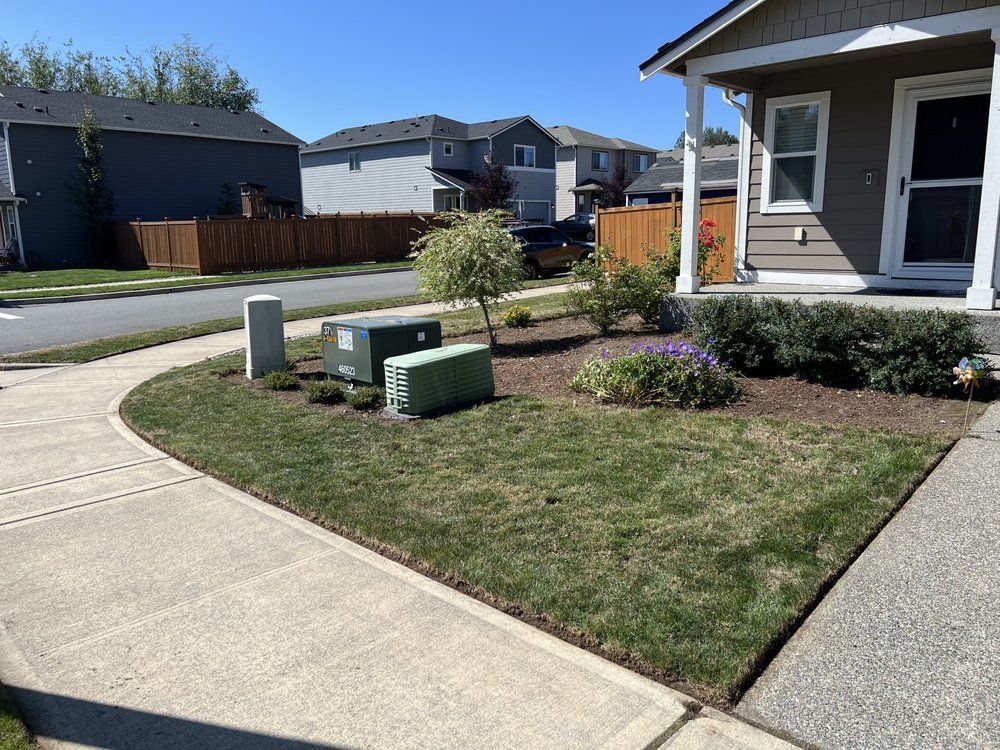A house with a lawn and a sidewalk in front of it