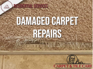 A picture of a damaged carpet that says carpet & tile care