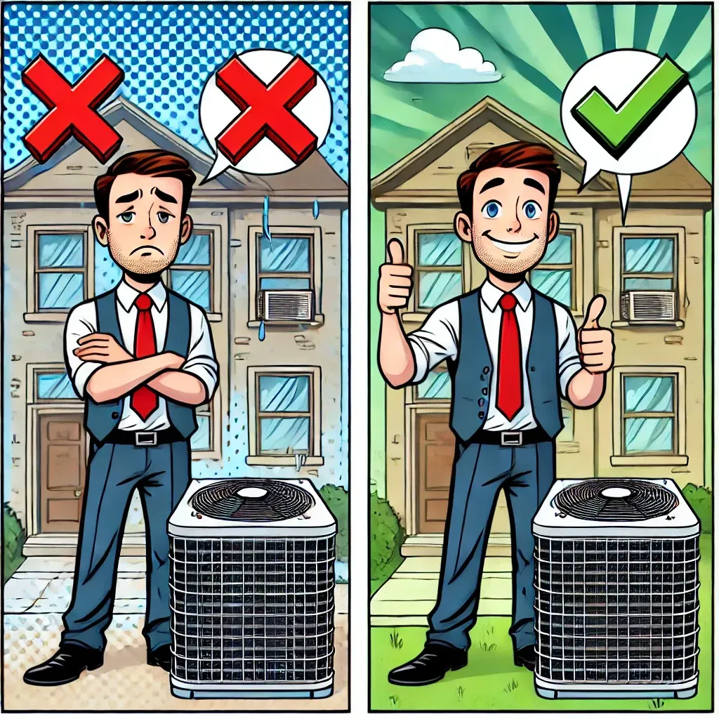 A cartoon of a man in a suit and tie standing next to an air conditioner.