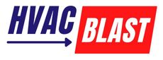 The logo for hvac blast is red and blue with an arrow pointing to the right.