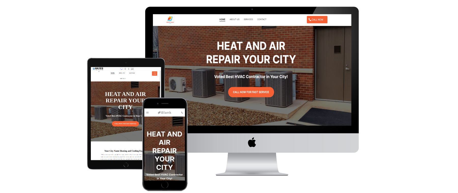 A computer , tablet , and cell phone are displaying a website for a company called heat and air repair your city.