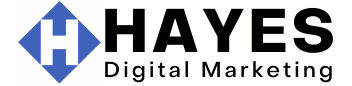 A logo for hayes digital marketing with a blue diamond