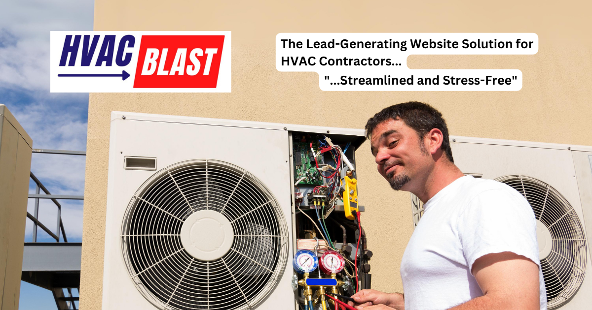 A man is working on an air conditioner with a hvac blast logo in the background