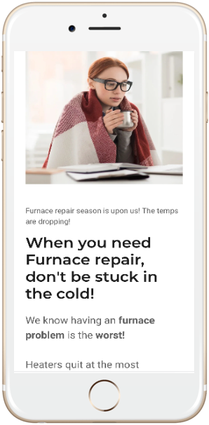 A heating contractor website on a phone screen shows a woman wrapped in a blanket holding a cup of coffee.