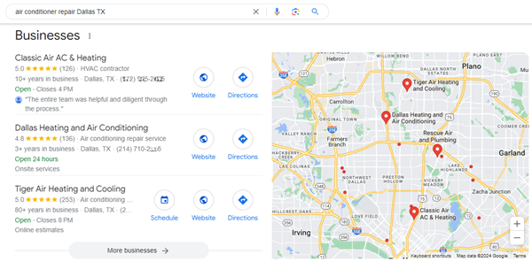 A screenshot of a google map showing businesses in a city.