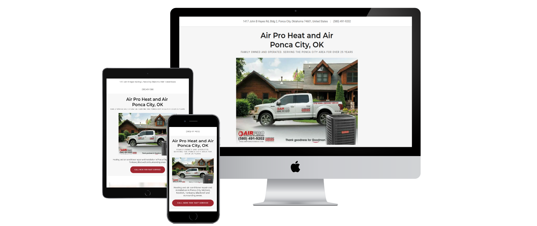 A computer , tablet , and cell phone are displaying an HVAC business website.