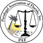 Seal of the Paralegal Association of Florida, Inc. featuring scales of justice, palm tree, and the initials PAF.