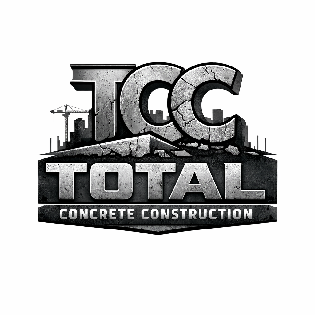 TCC Total Concrete Construction logo. Gray, textured lettering with a city skyline and crane.