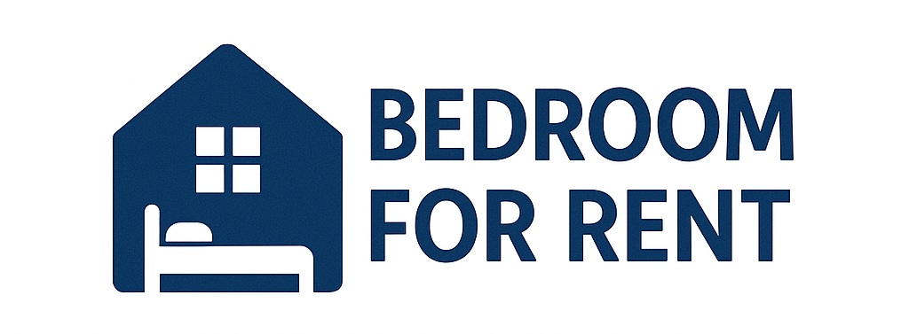 A dark blue house icon containing a bed and window, with the text "BEDROOM FOR RENT" to the right.