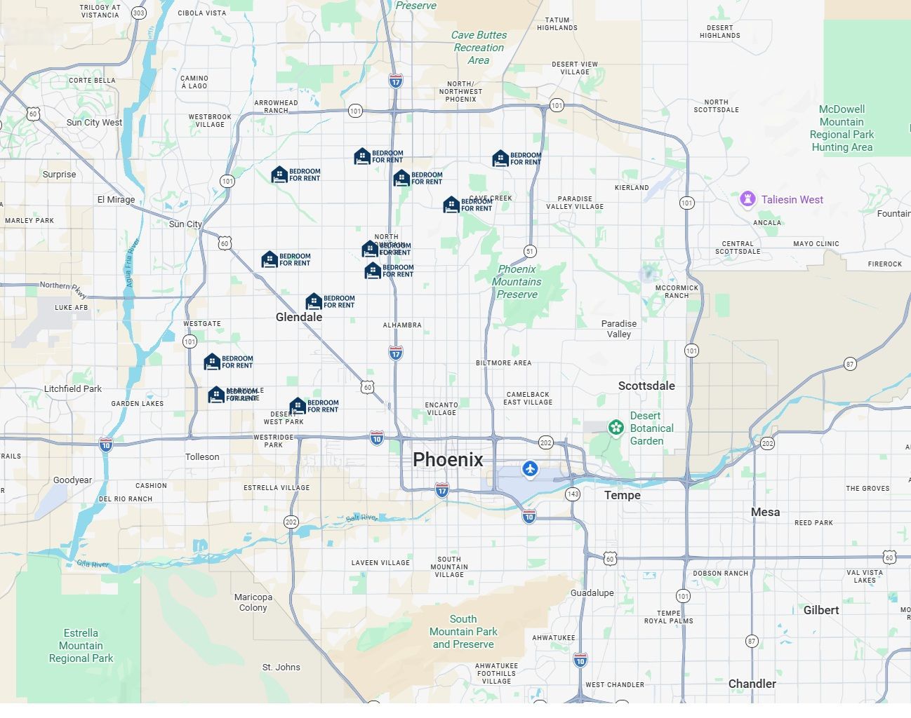 A map of the Phoenix area showing locations of multiple Bedroom For Rent offerings
