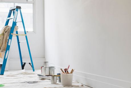Una scala blu si erge davanti a una parete bianca appena dipinta, con barattoli di vernice e pennelli su un telo protettivo in primo piano.