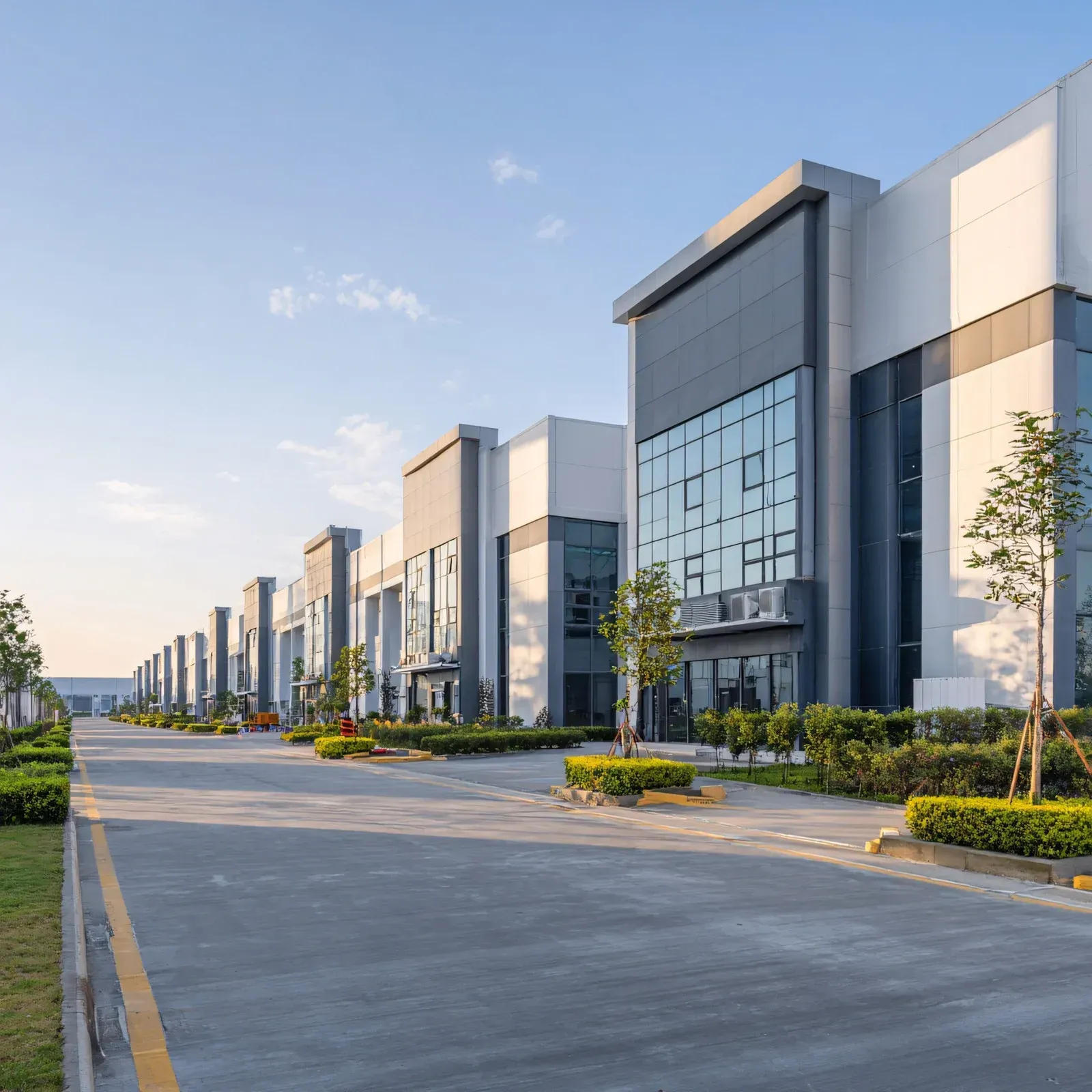 Row of modern industrial buildings with gray and white facades, clear windows, and paved driveways.