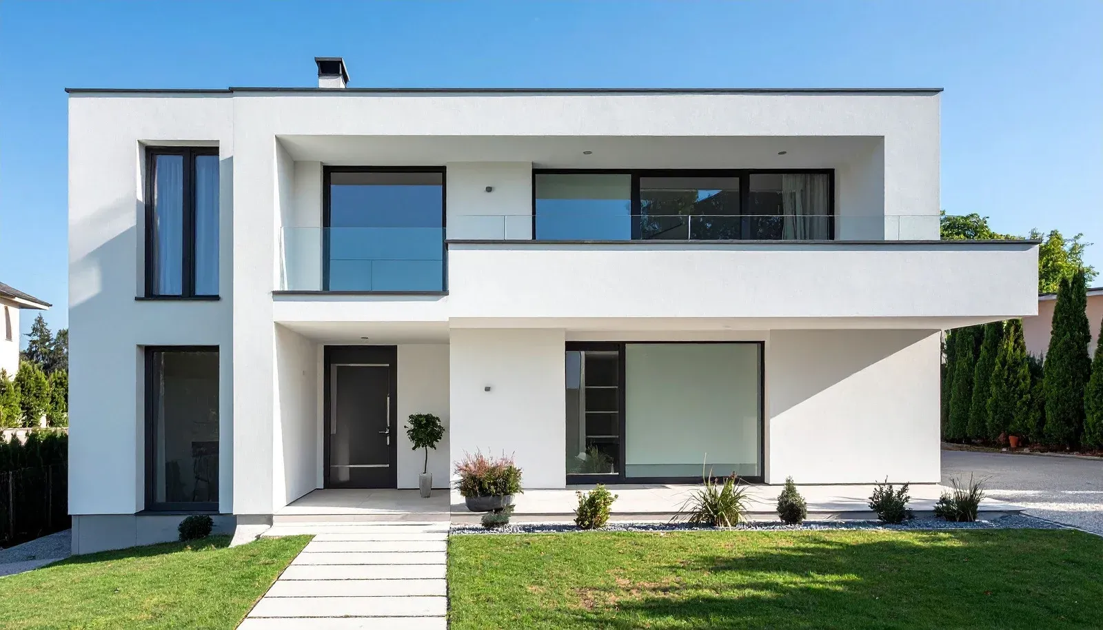 Modern white house with flat roof, large windows, and balcony.