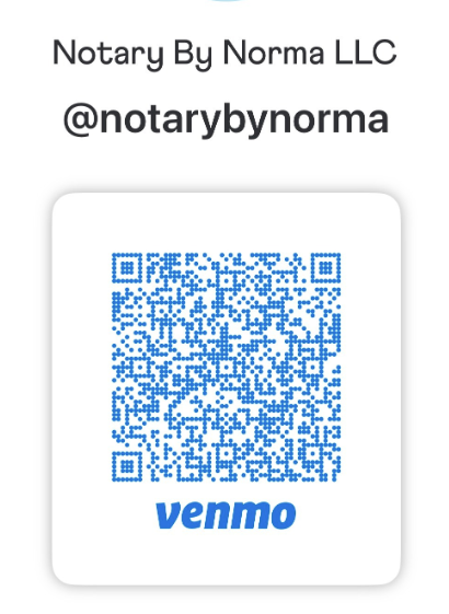 QR code for Venmo payment to Notary By Norma LLC, with the Venmo logo.
