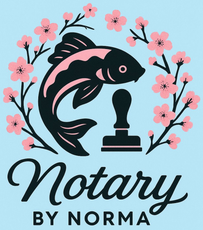 Logo: Black koi fish with stamp, pink cherry blossoms, text "Notary by Norma" on light blue background.