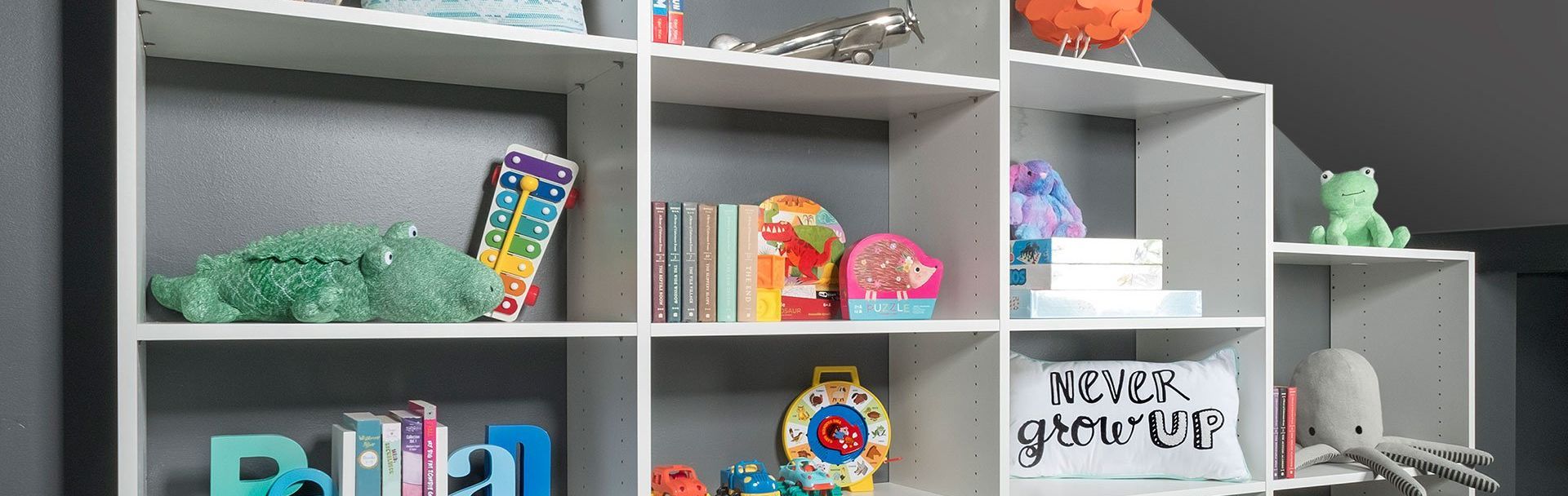 A shelf filled with toys and books in a room.