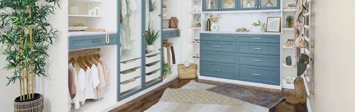 A walk in closet with blue cabinets and drawers and a plant.