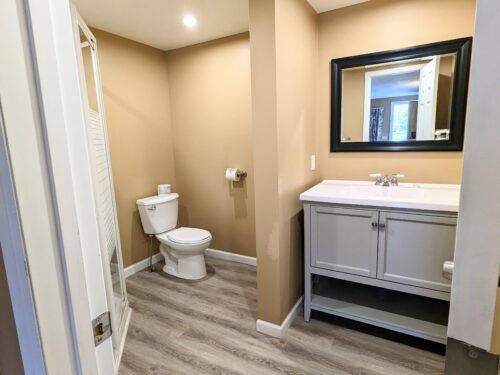A bathroom with a toilet , sink and mirror.