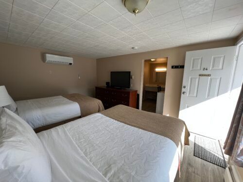 A hotel room with two beds and a television.