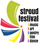The logo for the stroud festival is a colorful swirl.