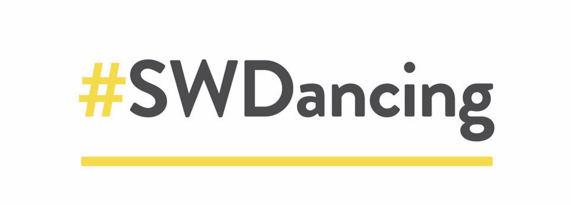 A logo for swdancing with a yellow line underneath it.