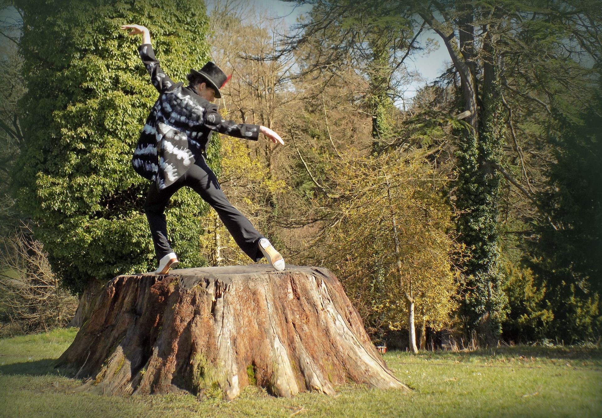 A person in top hat and patterned jacket balances on a tree stump in a park.