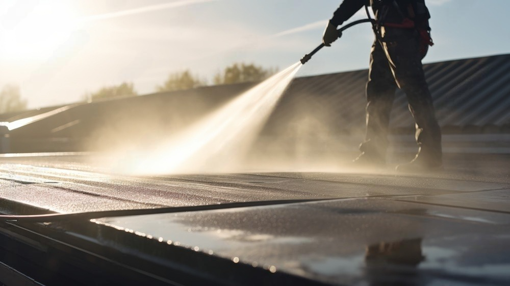 A man is using a high pressure washer to clean a roof.