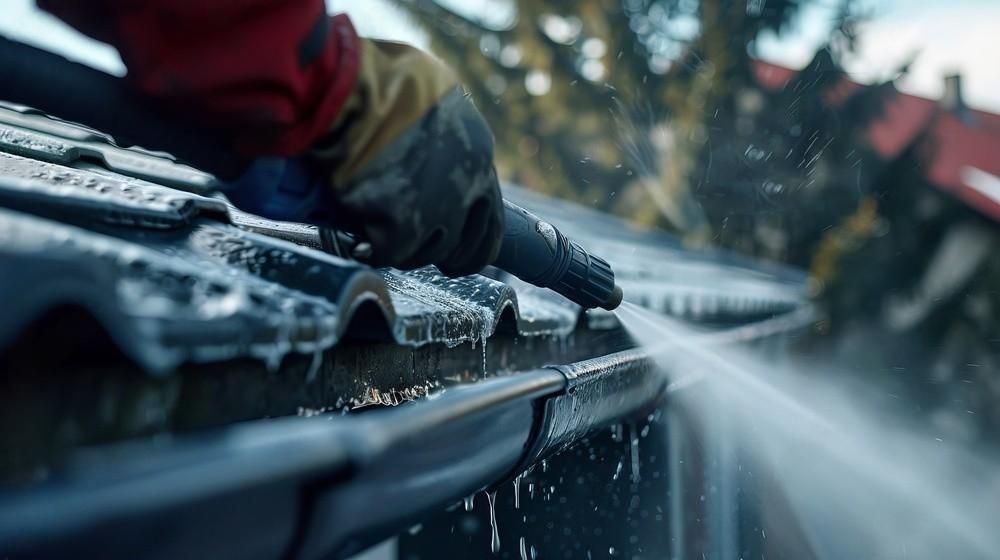 A person is cleaning a gutter with a high pressure washer.