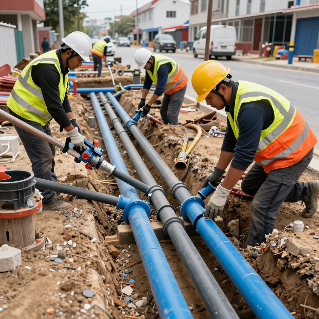 Obreros de la construcción instalan tuberías azules en una zanja en una calle de la ciudad.