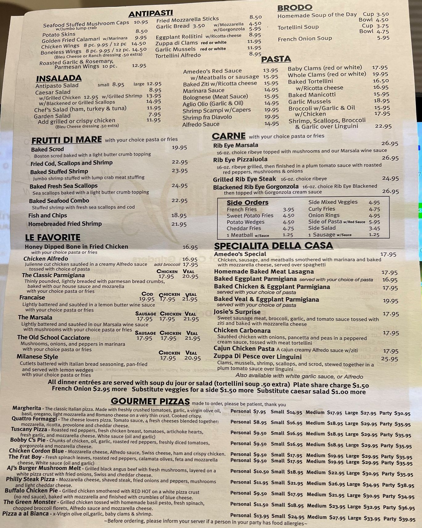Amadeo's Variety of Menu — Holyoke, MA —  Amedeo's