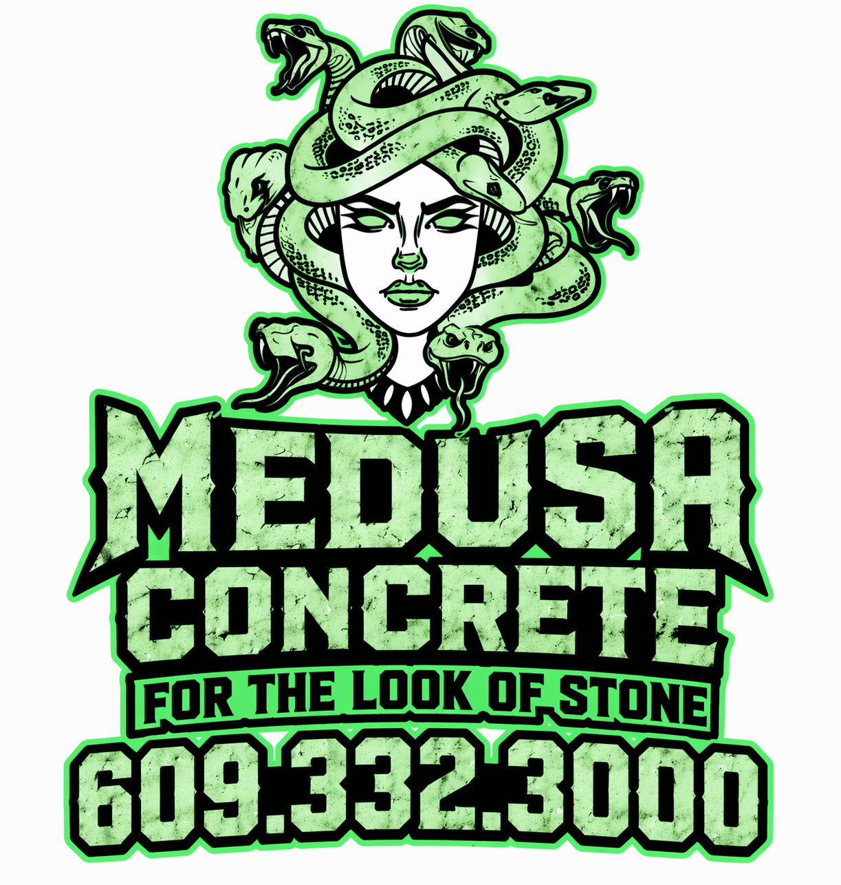 Logos for Medusa Concrete and Haddon Painting Pros. A Medusa head in green and a paintbrush with a colorful swirl.