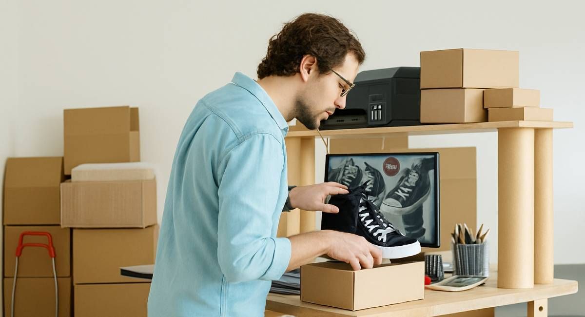 Man checking out newly arrived shoe stock to add to his online store