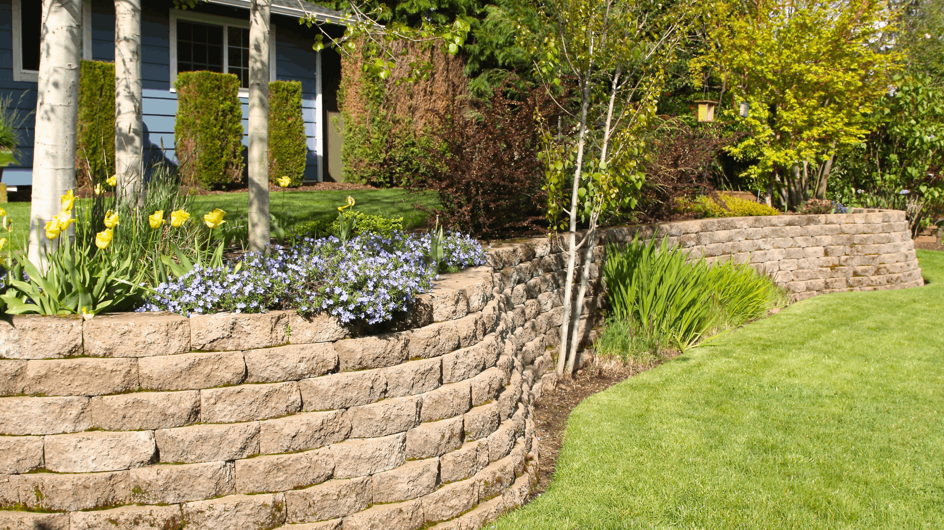 Stone retaining wall with flowers and grass in front of a blue house — JNR Building And Maintenance in Green Hill, QLD