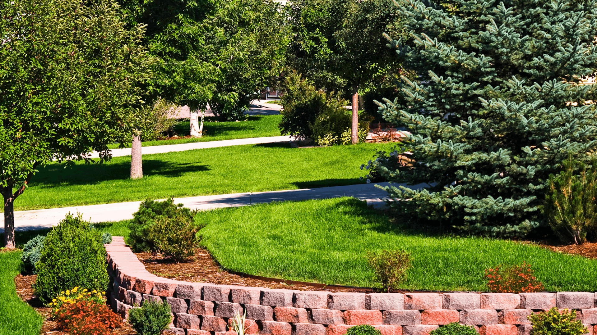 Green Lawn With Pathway and Trees Next to a Brick Retaining Wall — JNR Building And Maintenance in Green Hill, QLD